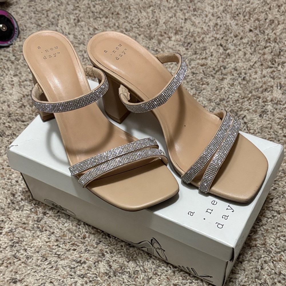 a new day Beige Rhinestone Double-Strap Block Heel Sandals